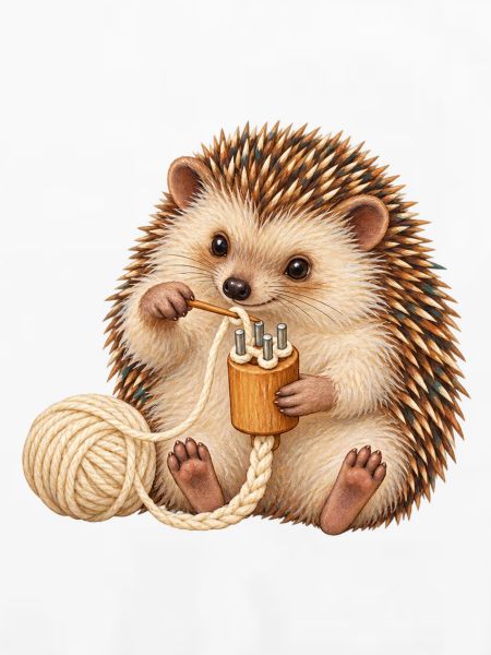 Igel arbeitet mit einer Strickliesel