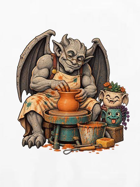 Gargoyle töpfert an der Drehscheibe