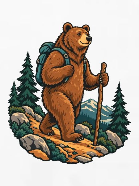 Wanderbär mit Rucksack im Wald