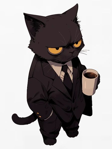 Kater im Anzug mit Kaffee