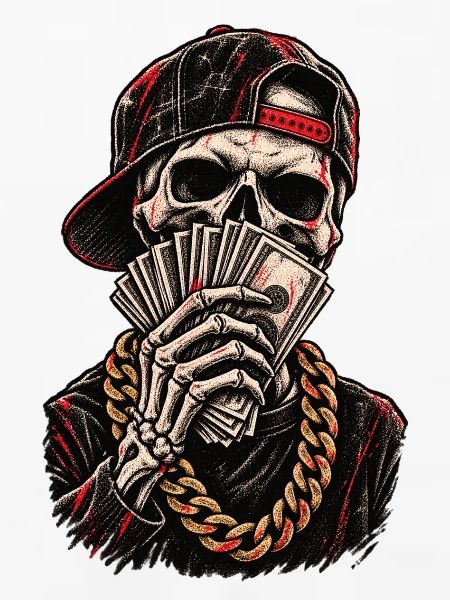 Schädel-Hustler mit roter Kappe