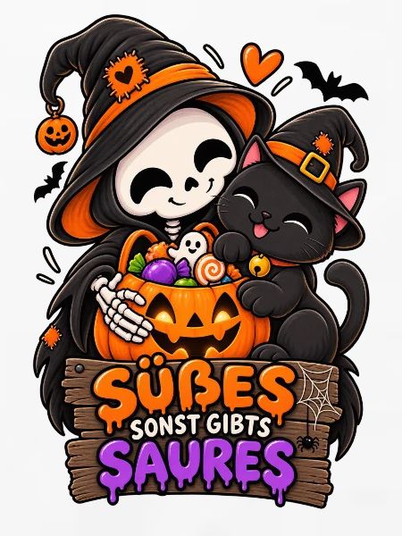 Süßes Skelettchen mit Halloween-Katze