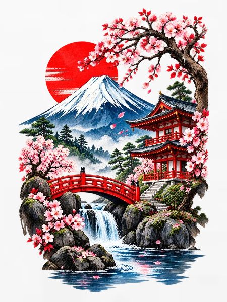 Fuji-Landschaft und Kirschbäume