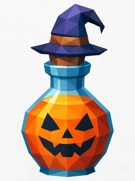 Low-Poly-Kürbis in einem Hexenfläschchen