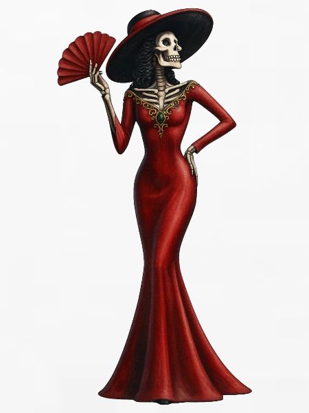 Skelett-Diva im Roten Abendkleid