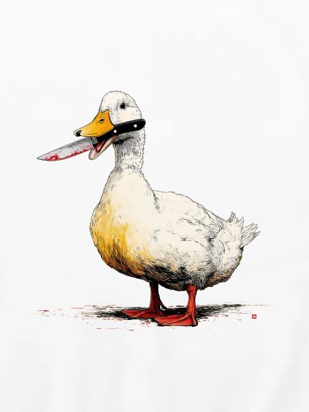 Ente mit Messer im Schnabel