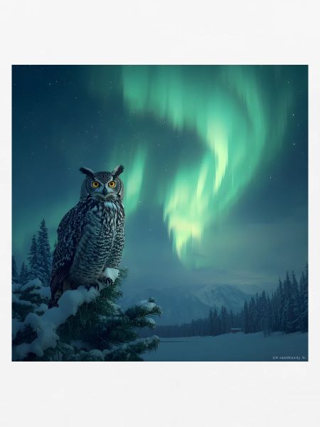 Aurora-Eule über Schneekiefern