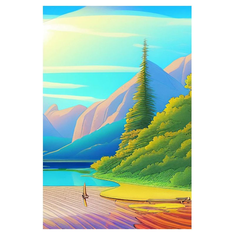 Landschaft mit See, Boot und Berge
