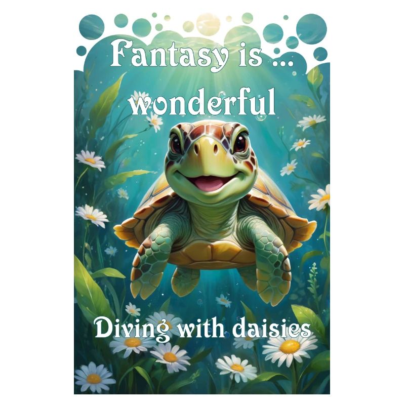Underwater turtle dives with daisies