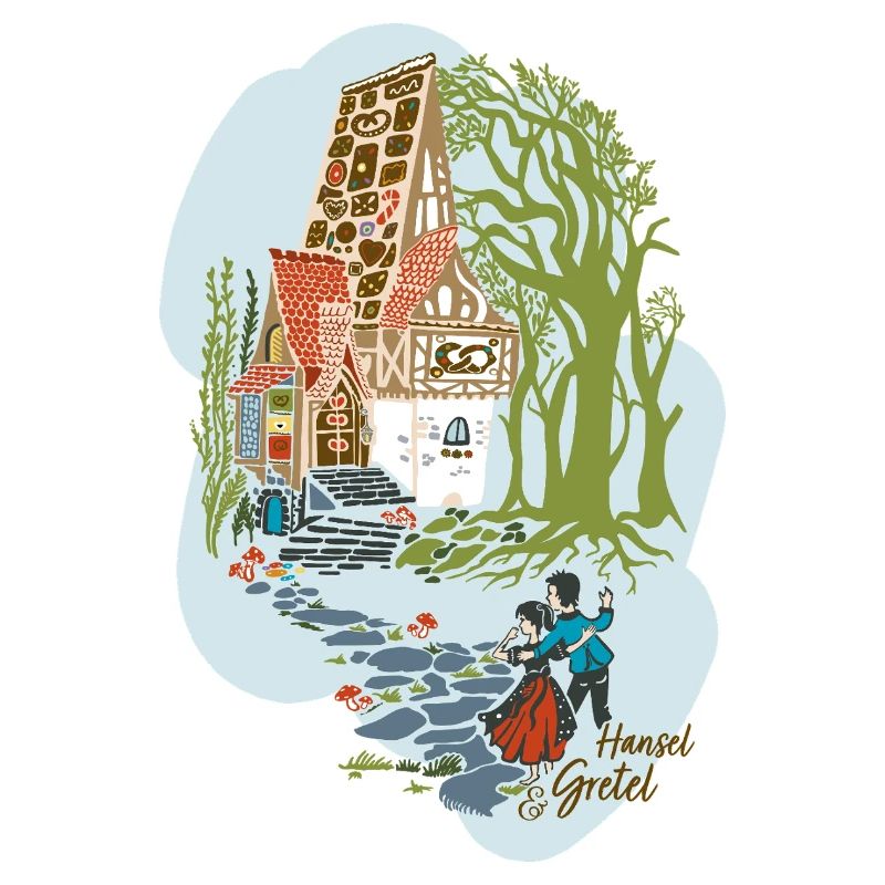 Hansel et Gretel devant la maison de la sorcière