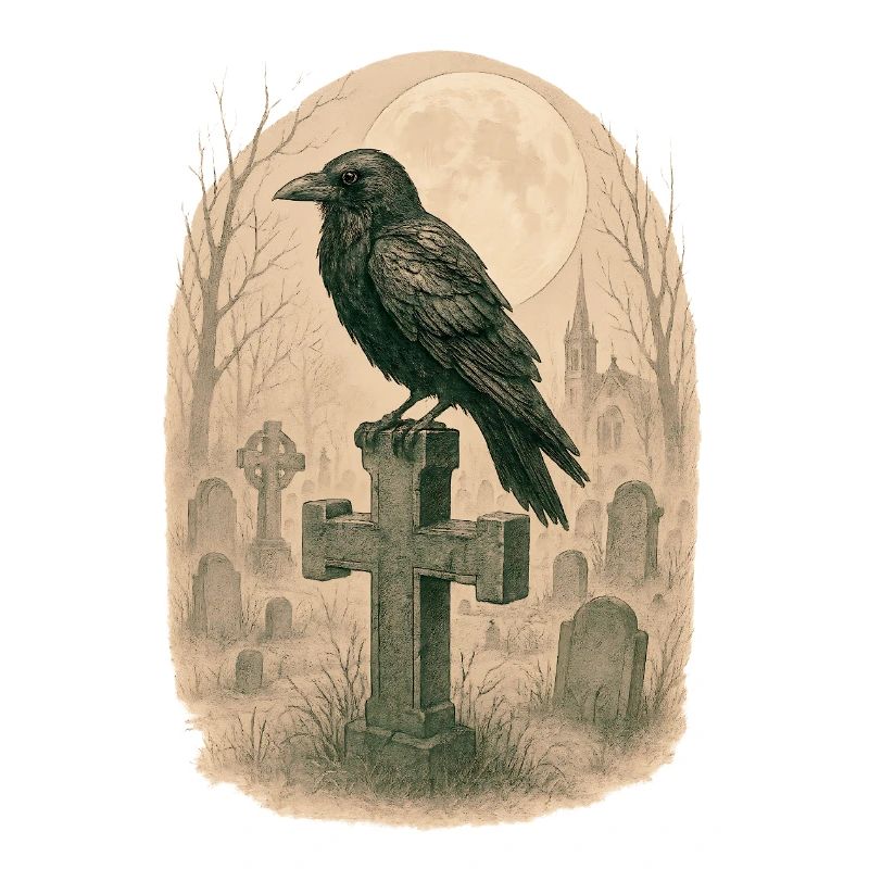Moonlit Graveyard Raven Illustration
