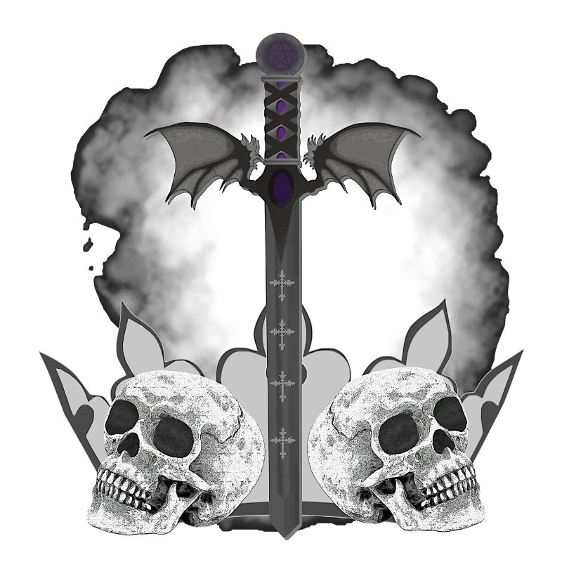 Menschenschädel, Schwerter, Dämonenflügel, vanitas