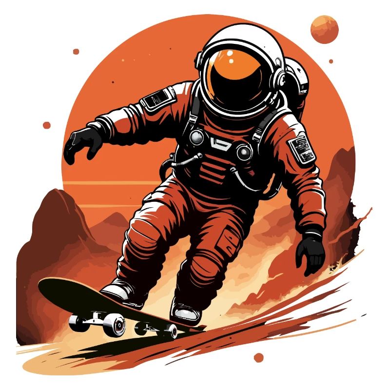 Astronaute faisant la course sur une planche à roulettes sur Mars