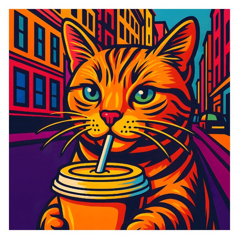 Chat urbain dynamique avec boisson, aime les chats