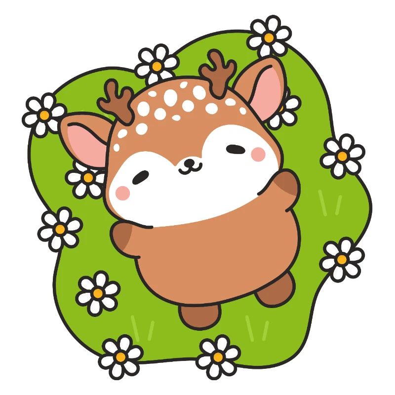 Cerf Mignon en Fleurs sur Gazon Vert