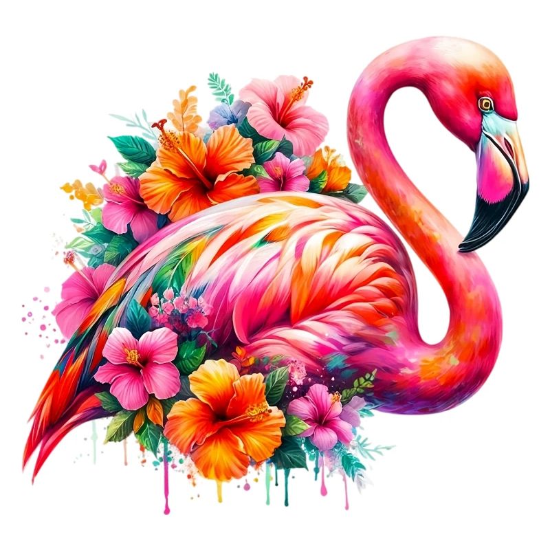 Flamant rose décoré de fleurs d’hibiscus