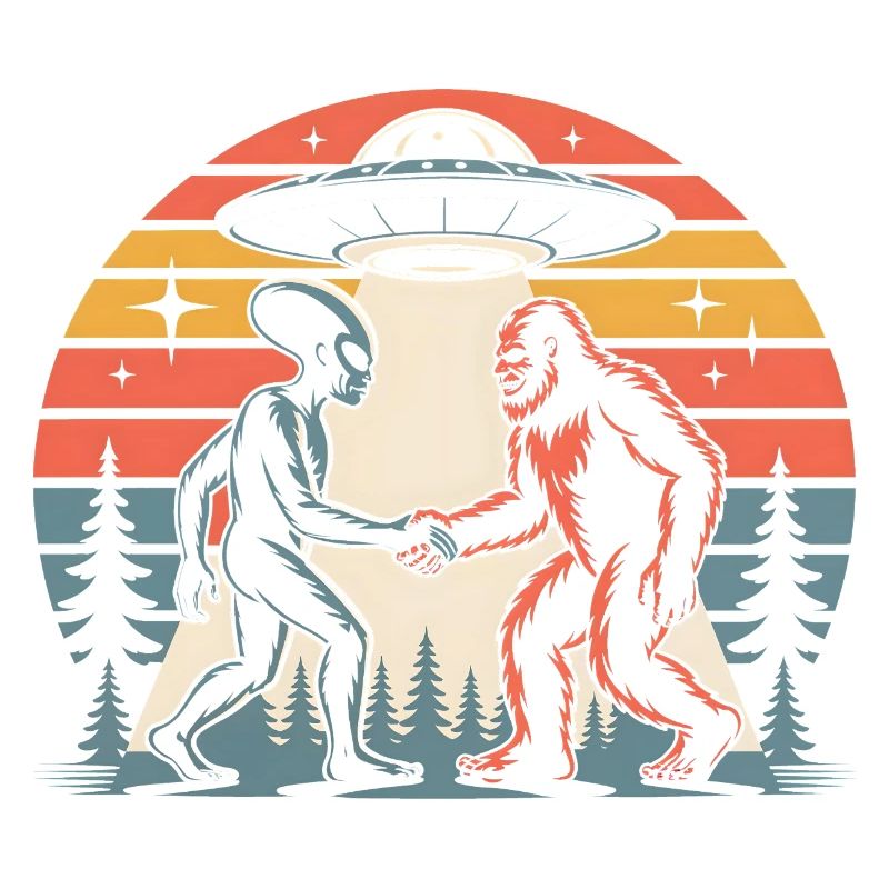 Alien et Bigfoot Rétro Coucher de soleil OVNI