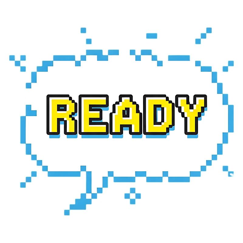 READY lettering in pixel comic look