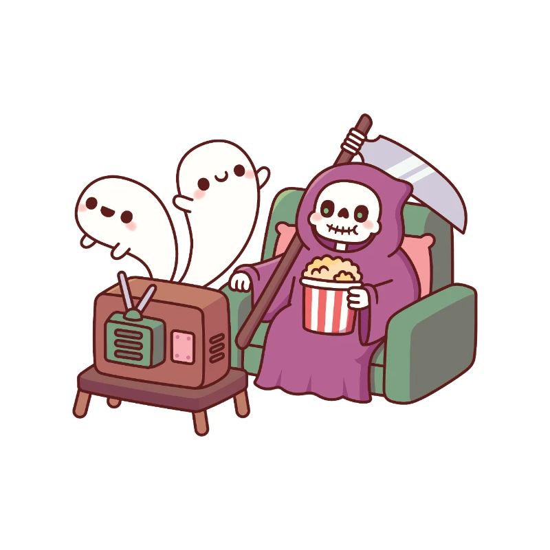 Cute Grim Reaper With Popcorn And Flying Ghosts 
