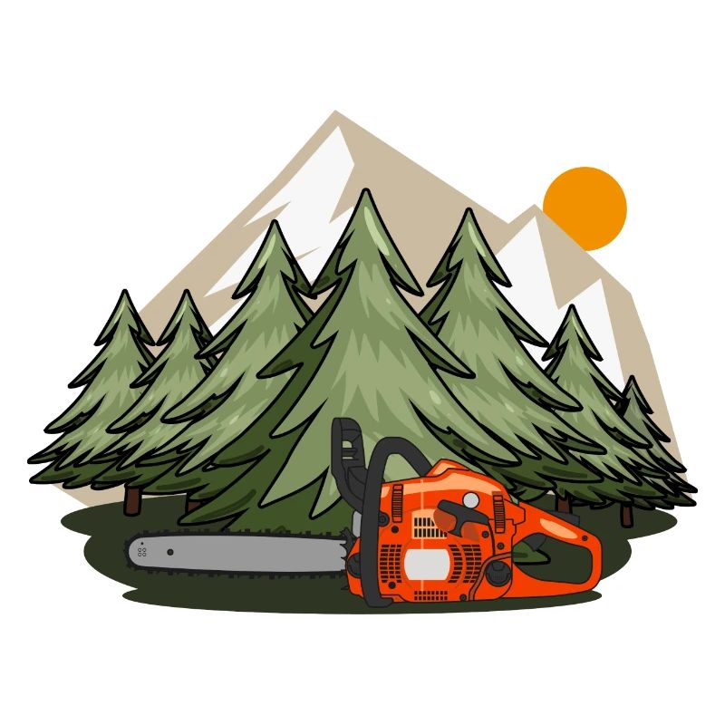 Tronçonneuse avec forêt et montagnes