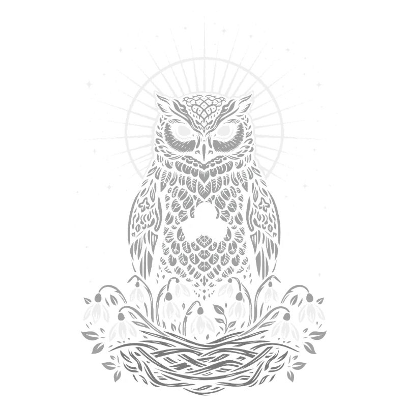 Imbolc Eule mit Triskele und Schneeglöckchen