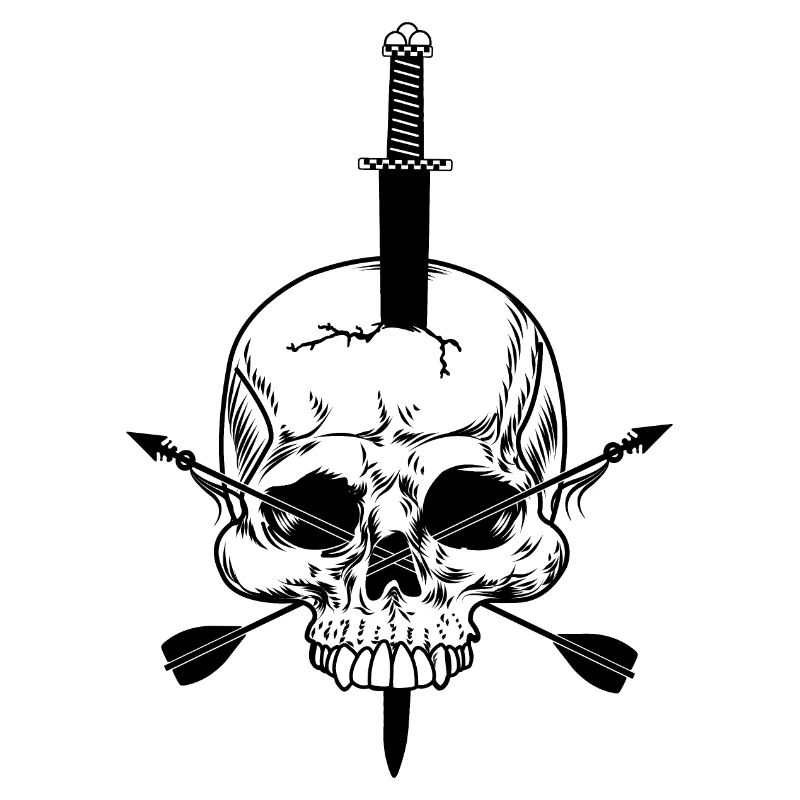 Crâne blanc percé d’épée et de deux sangs