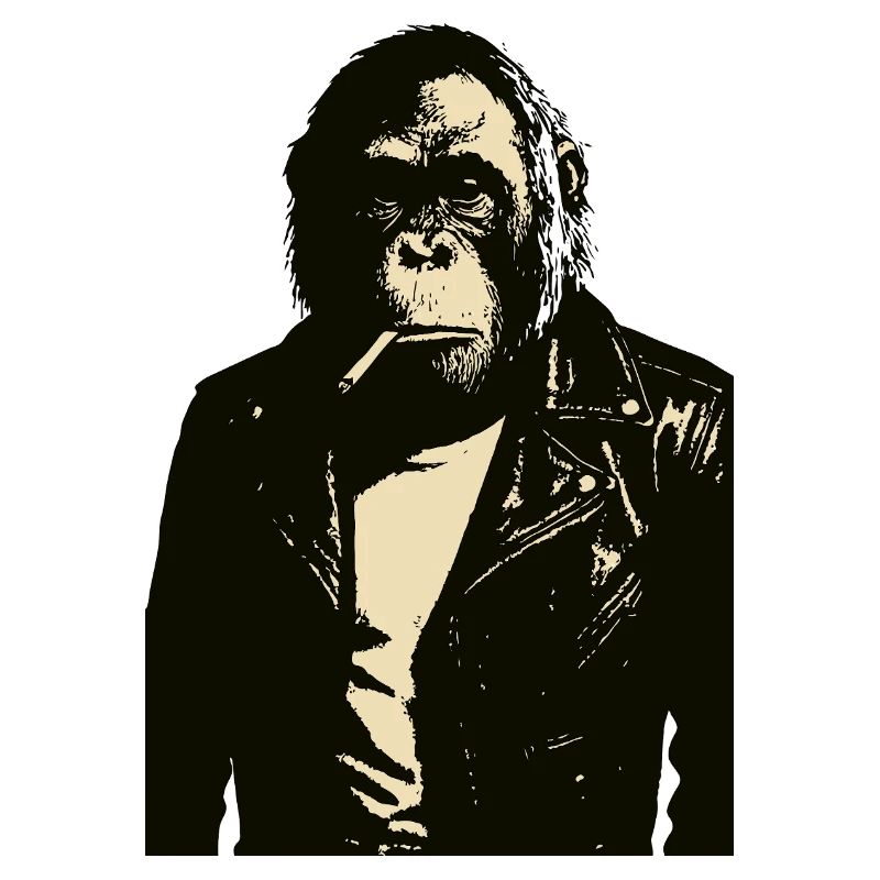 Orang-Utan raucht eine Zigarette in einer Lederjacke