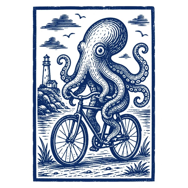 Octopus on Bicycle – Maritime Woodcut