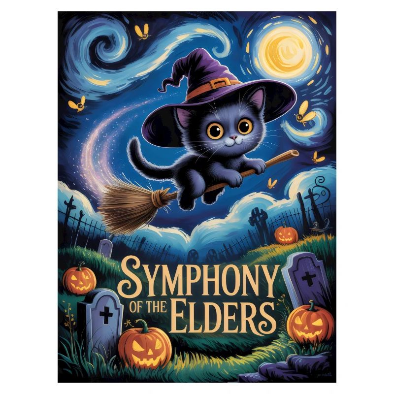 Witch Kitten Flying Over Halloween Graveyard