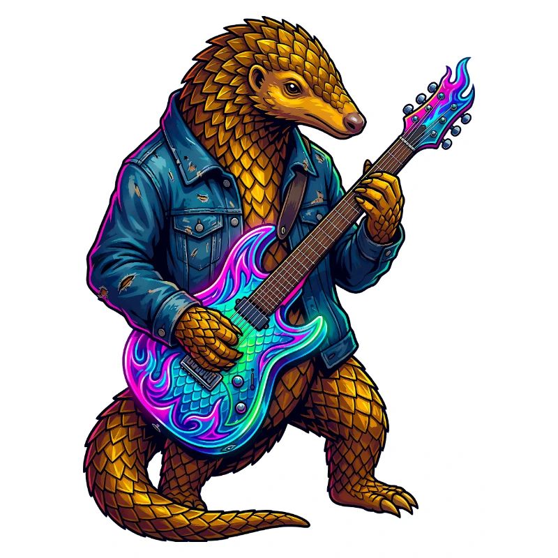 Pangolin med jacka och neon-elgitarr