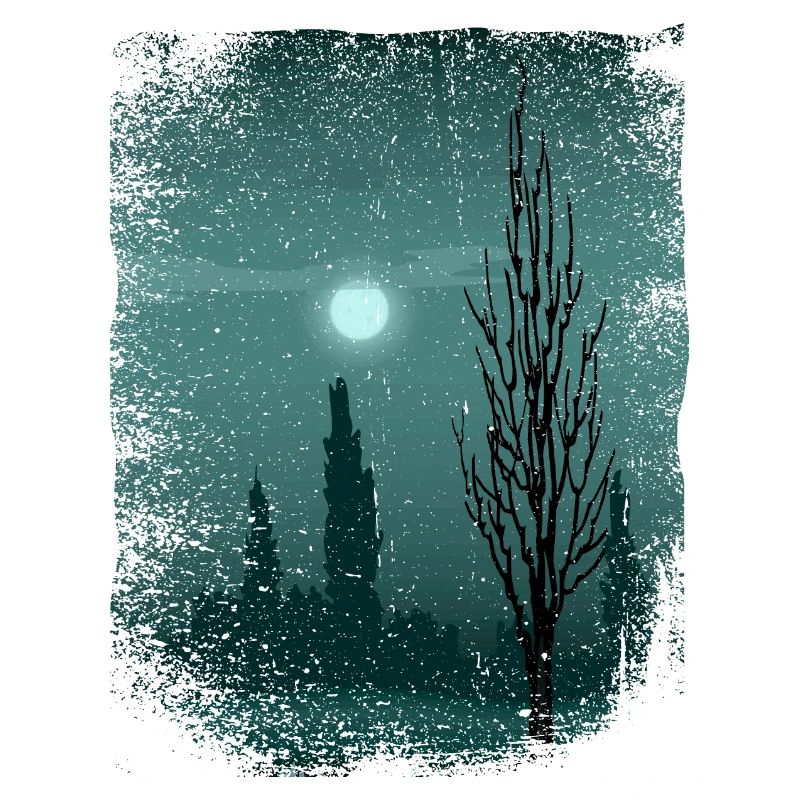 Moon shimmers on trees