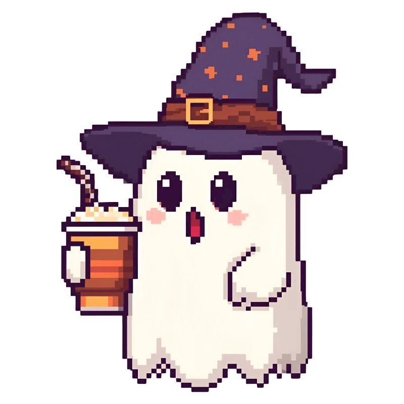 Pixel Ghost with Magic Hat & Pumpkin Spice Latte
