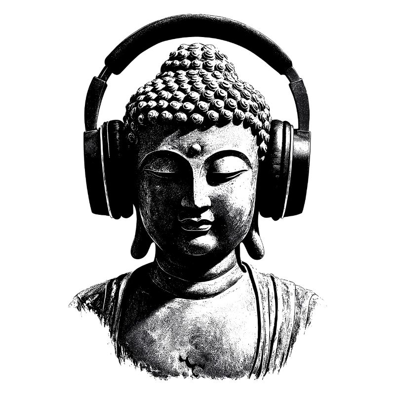 Bouddha avec casque Mindfulness Musique Boho Zen
