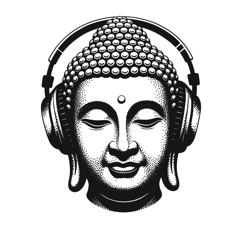 Bouddha avec casque Mindfulness Musique Boho Zen