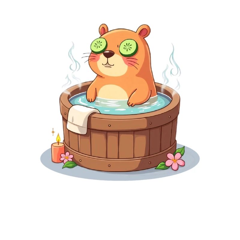 Capybara dans le bain avec des tranches de concombre