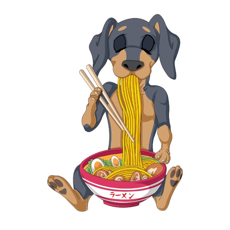 teckel drôle mangeant des nouilles ramen dessin animé