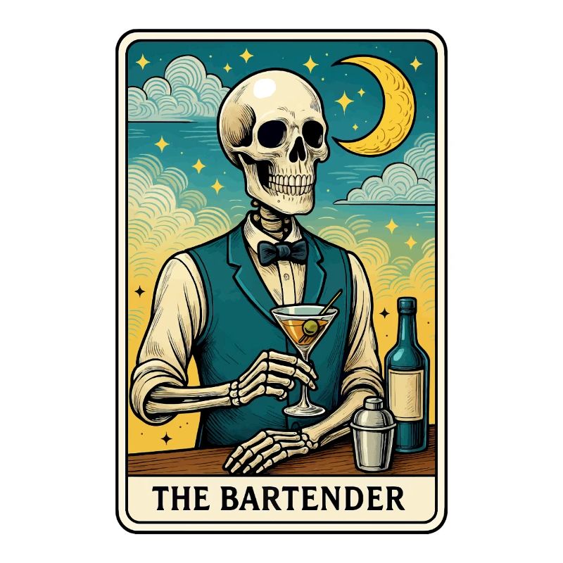 Skeleton bartender with moon sky