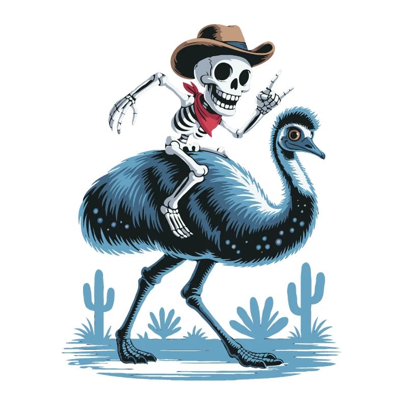 Skeleton on Emu with Cowboy Hat
