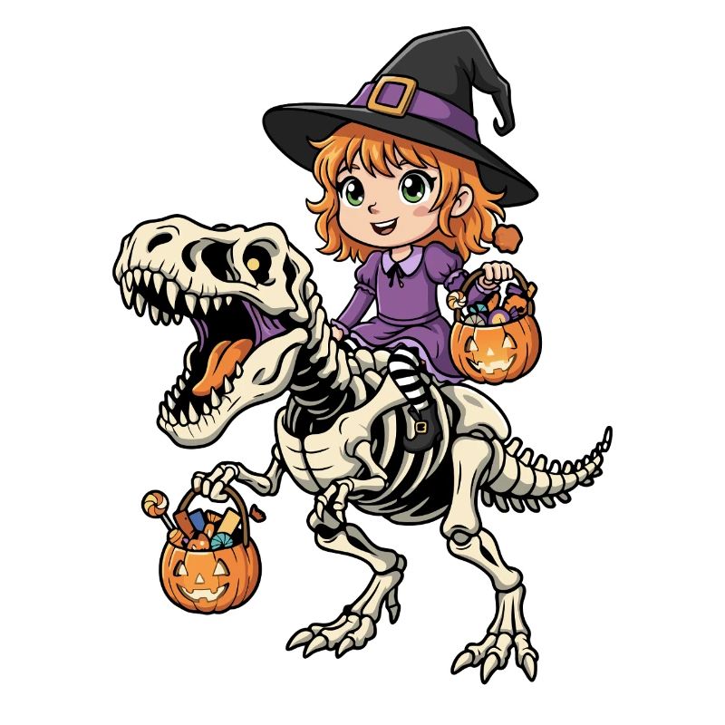 Witch Rides Skeleton T-Rex Halloween Dinosaur