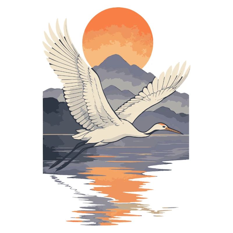 Crane Flying at Sunset Reflection