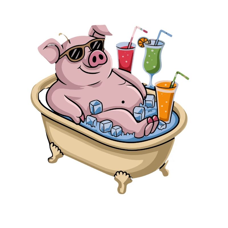Cochon relaxant dans le bain avec cocktails