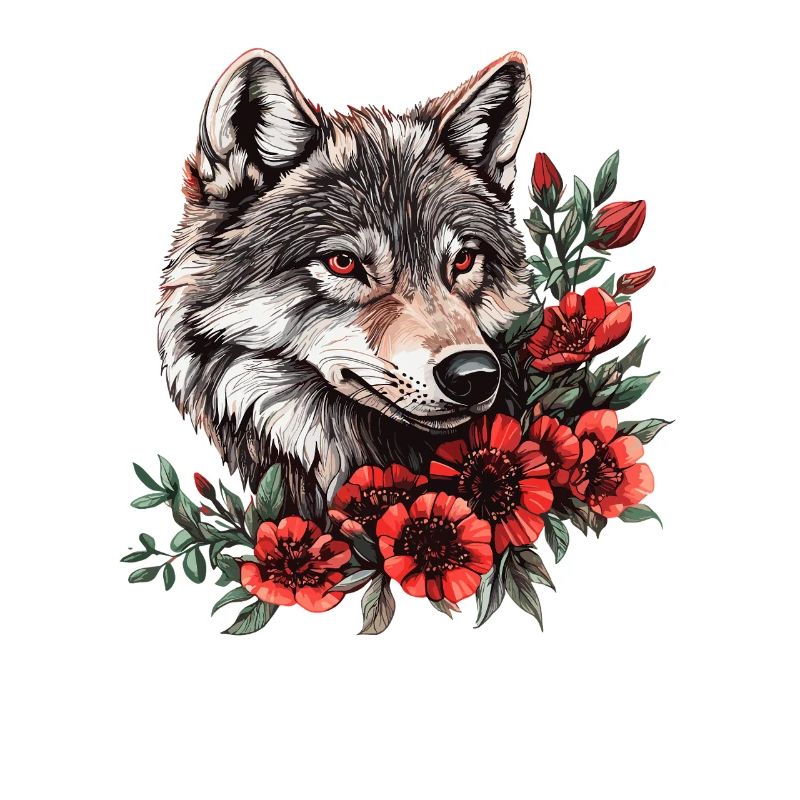 Wolfsgesicht mit roten Blüten
