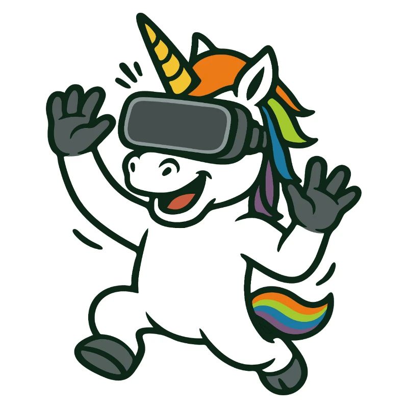 VR-Einhorn-Maskottchen mit Regenbogendetails