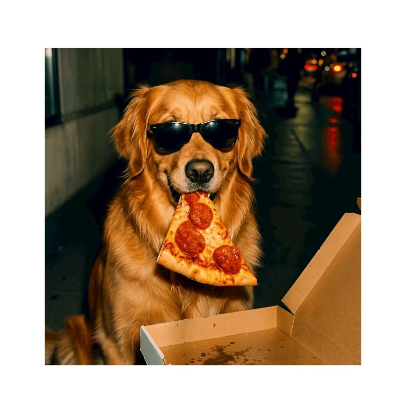 Mème drôle de chien Golden Retriever mangeant de la pizza