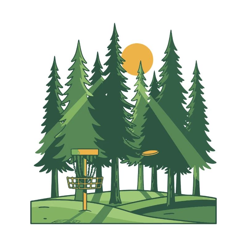 Disc Golf Forest Sunset Flying Disc Basket Scene