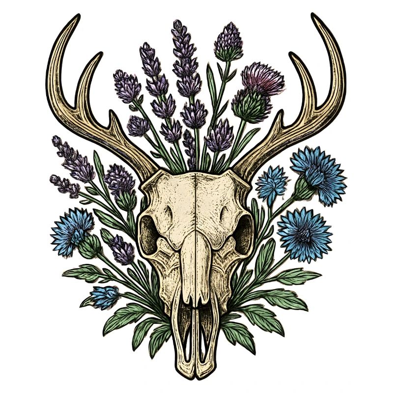 Hirschknochen mit Blumenkranz