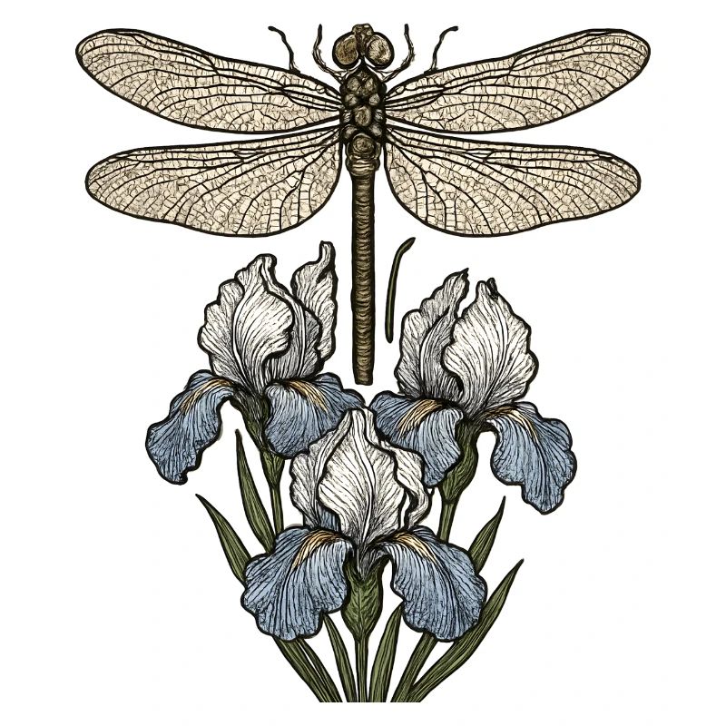 Libellule sur fleurs d’iris