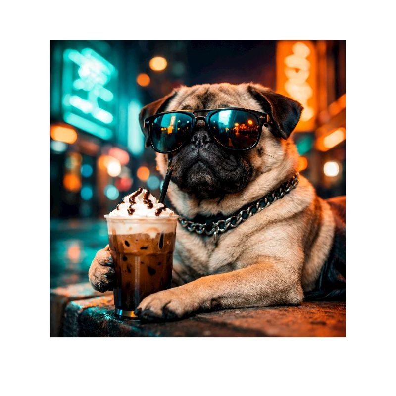 Lustiger Mops, der Eiskaffee trinkt, süßes Hunde-Meme