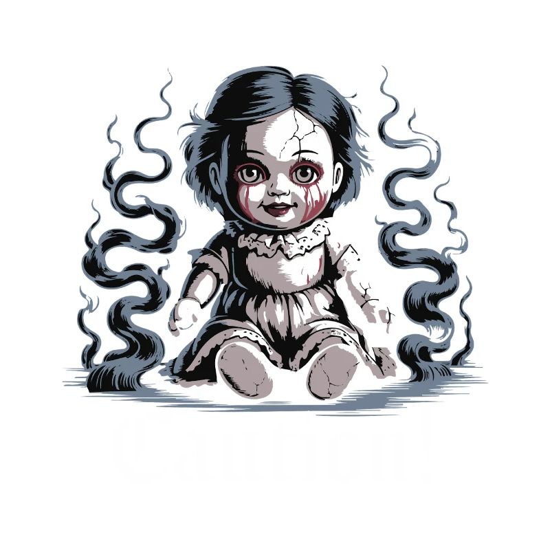Creepy Doll with Caution Text