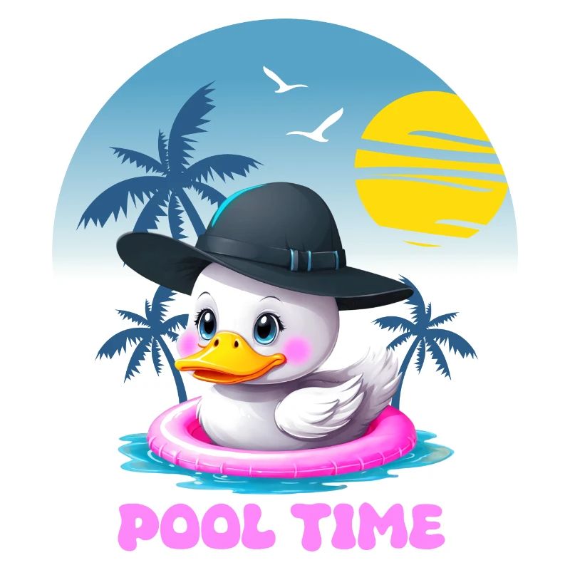 Cute duck with pink swimming ring